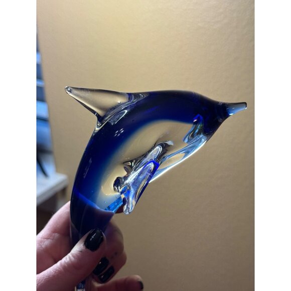 Art Blown  Glass Blue & Clear Glass Dolphin Figurine Art Decor 7" - Picture 6 of 8